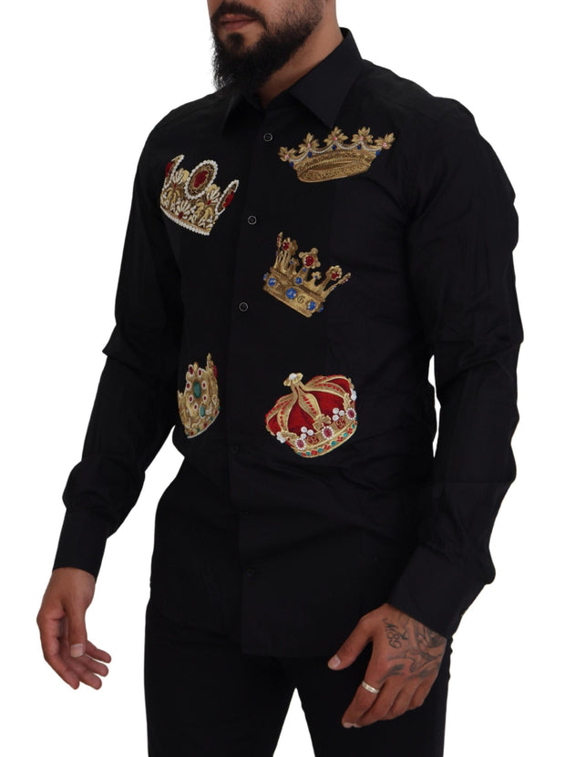 Elegant Black Slim Fit Dress Shirt with Crown Embroidery Dolce & Gabbana