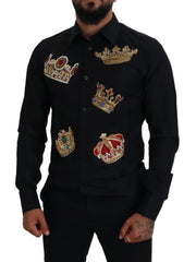 Elegant Black Slim Fit Dress Shirt with Crown Embroidery Dolce & Gabbana