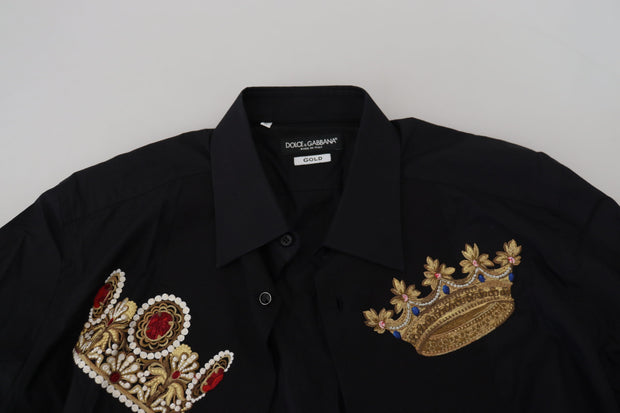 Elegant Black Slim Fit Dress Shirt with Crown Embroidery Dolce & Gabbana