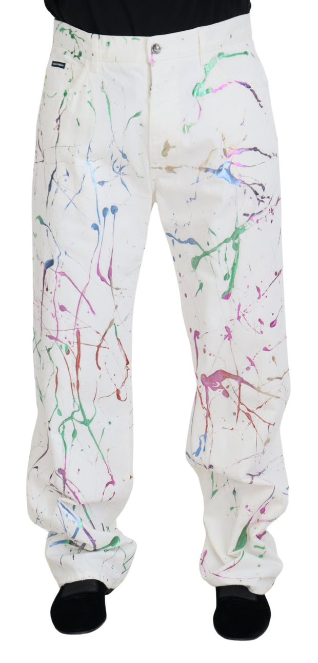 Chic White Splash Print Denim Pants Dolce & Gabbana