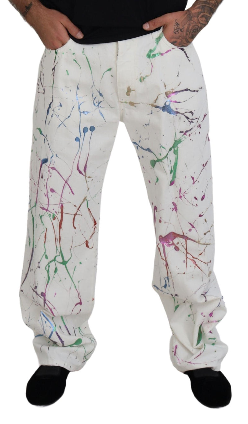 Chic White Splash Print Denim Pants Dolce & Gabbana