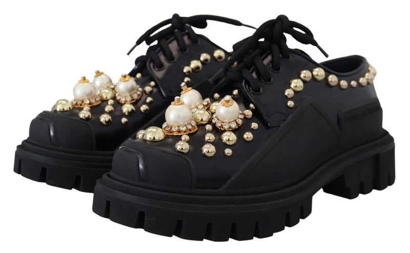 Timeless Black Leather Derby Flats with Glam Accents Dolce & Gabbana