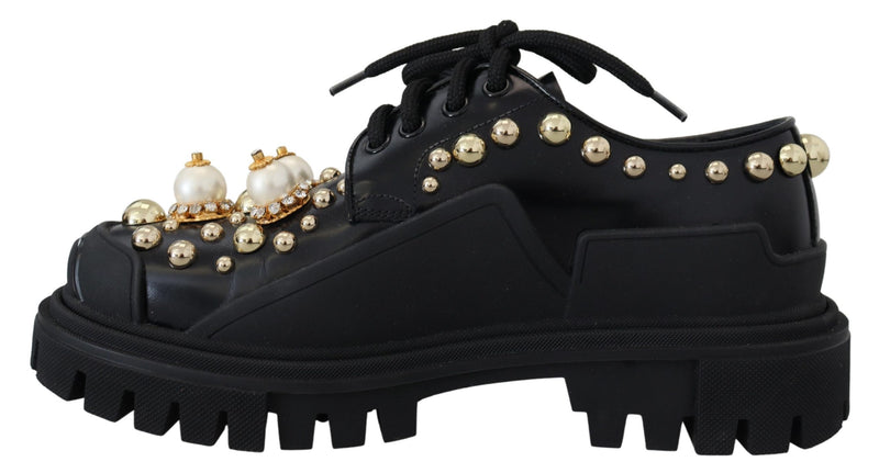 Timeless Black Leather Derby Flats with Glam Accents Dolce & Gabbana