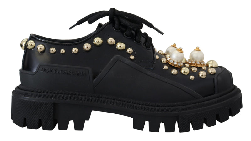 Timeless Black Leather Derby Flats with Glam Accents Dolce & Gabbana