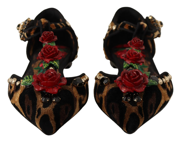 Floral Embellished Leopard T-Strap Sandals Dolce & Gabbana