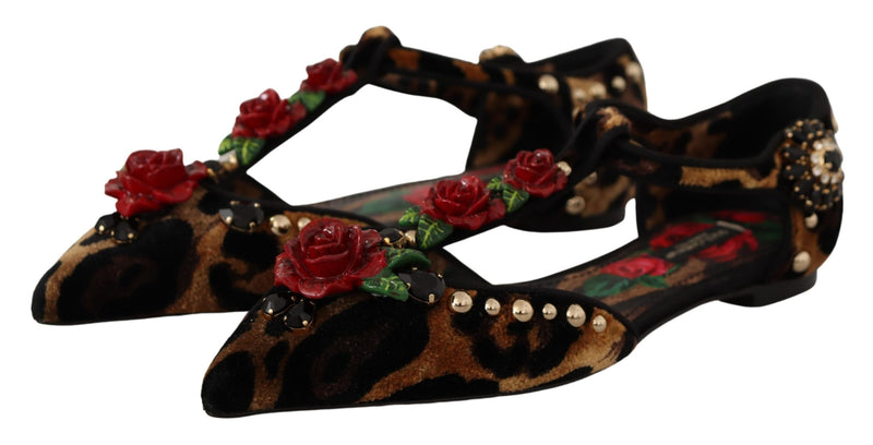 Floral Embellished Leopard T-Strap Sandals Dolce & Gabbana