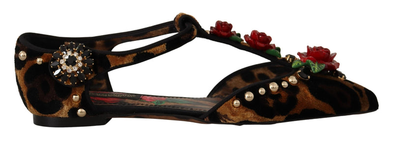 Floral Embellished Leopard T-Strap Sandals Dolce & Gabbana