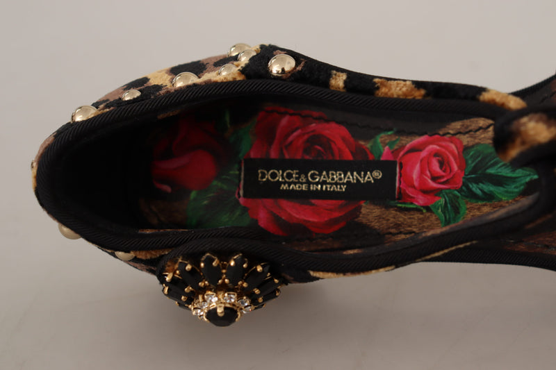 Floral Embellished Leopard T-Strap Sandals Dolce & Gabbana