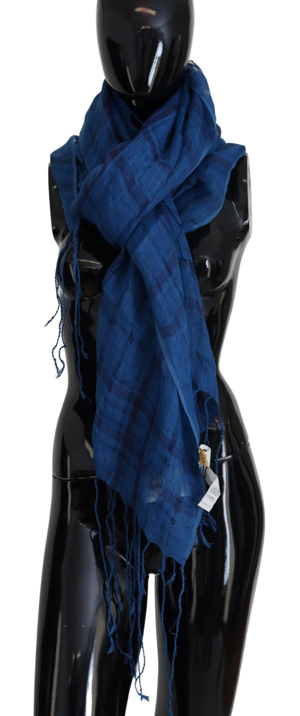 Chic Linen Fringed Scarf in Blue Checkered Costume National