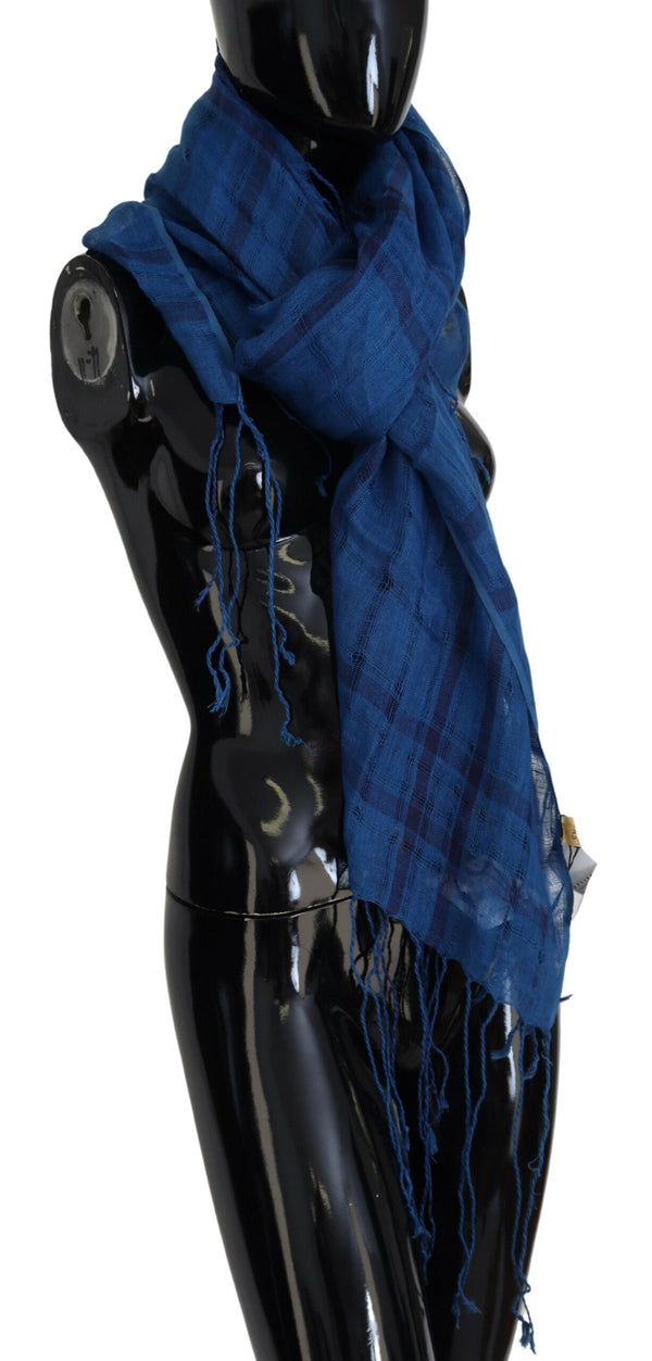 Chic Linen Fringed Scarf in Blue Checkered Costume National