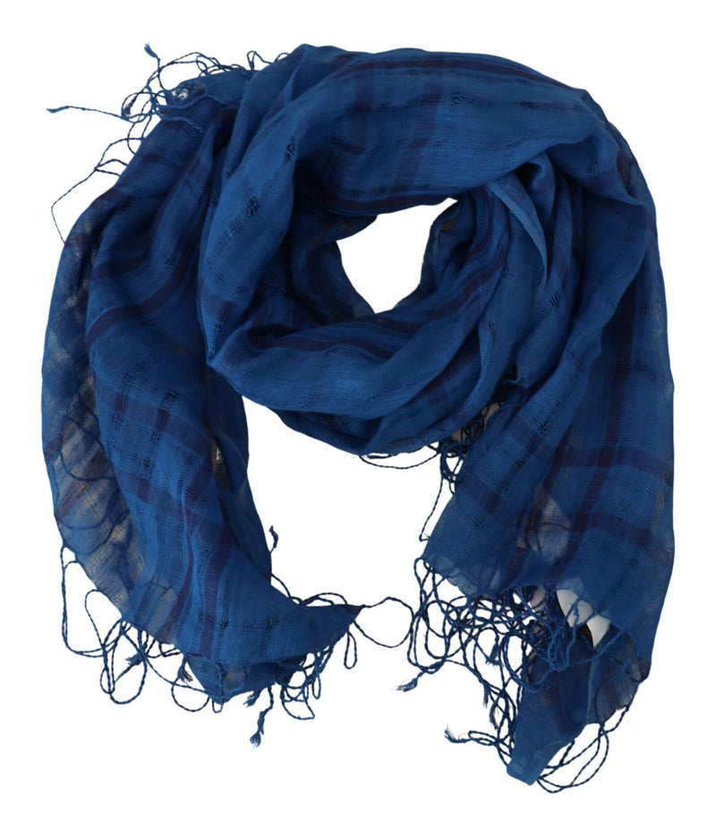 Chic Linen Fringed Scarf in Blue Checkered Costume National