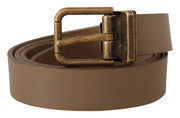 Elegant Brown Leather Belt with Brass Tone Buckle Dolce & Gabbana