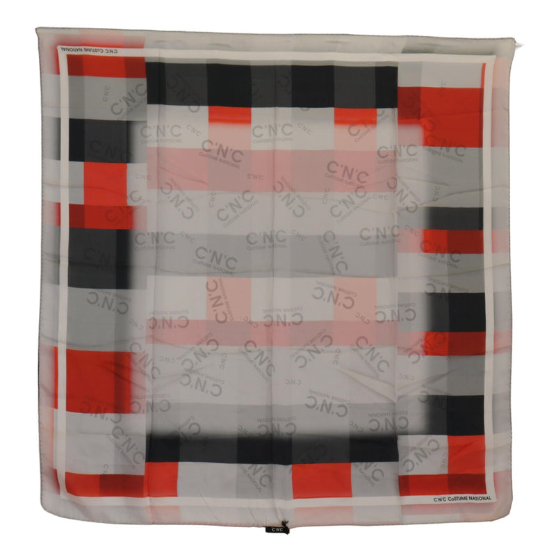 Elegant Silk Scarf in Gray Red Checkered Costume National