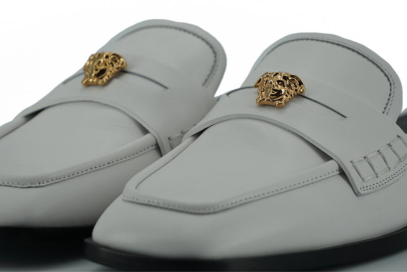 Elegant White Leather Flat Slides Versace