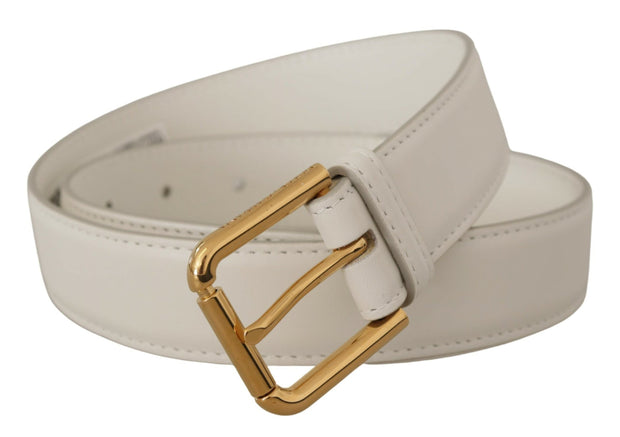 Chic White Leather Belt with Gold Engraved Buckle Dolce & Gabbana