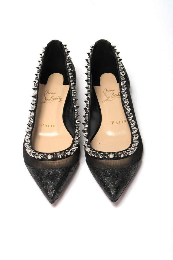 Black Silver Flat Point Toe Shoe Christian Louboutin