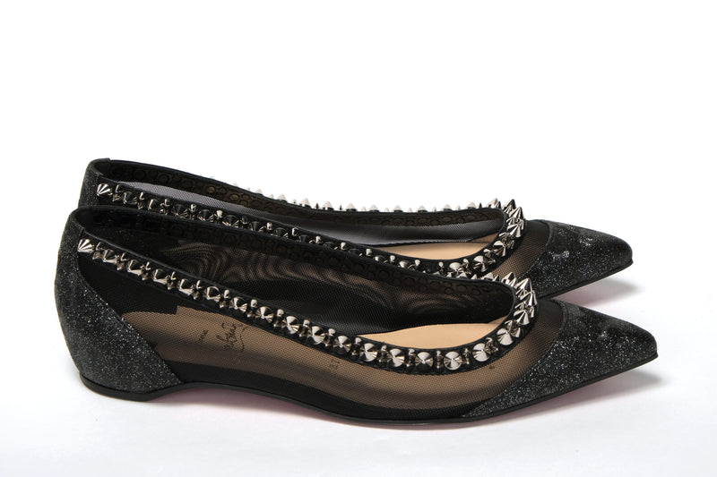 Black Silver Flat Point Toe Shoe Christian Louboutin