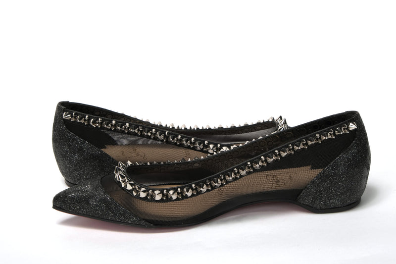 Black Silver Flat Point Toe Shoe Christian Louboutin