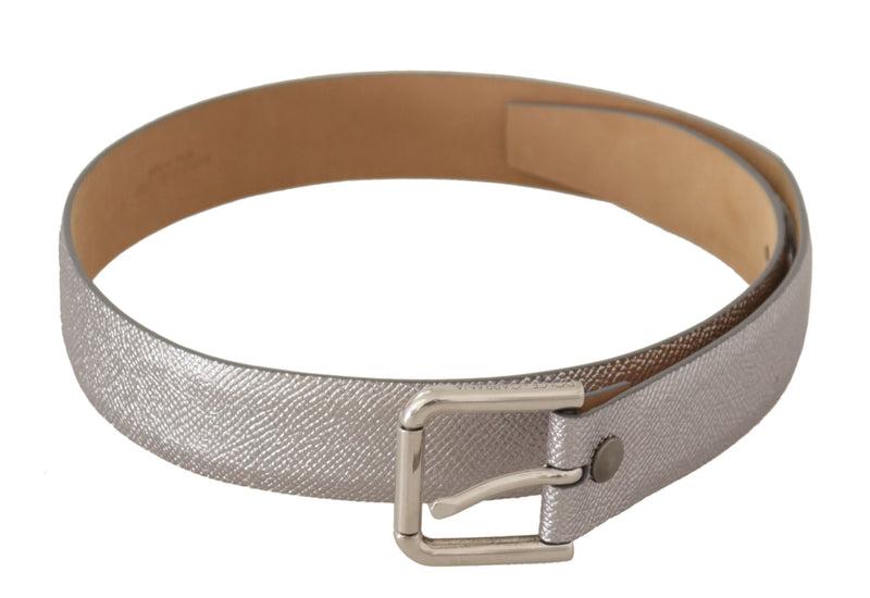 Elegant Silver Leather Belt with Engraved Buckle Dolce & Gabbana