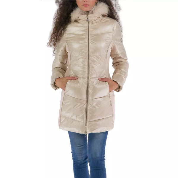 Elegant Beige Padded Jacket with Fur Hood Yes Zee