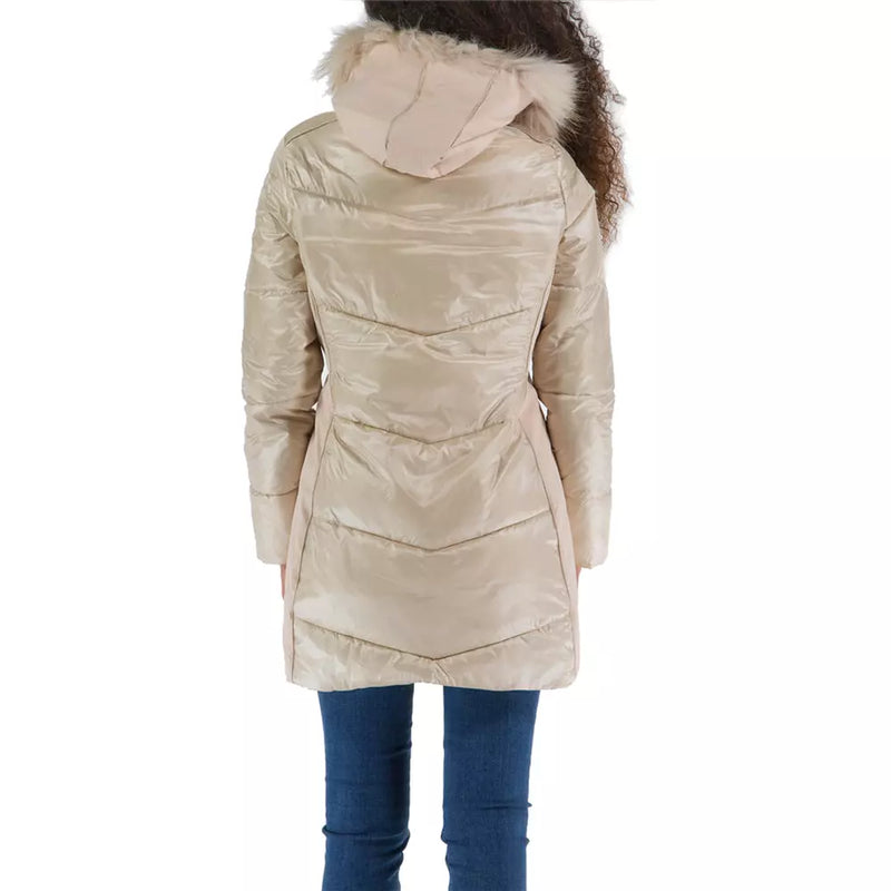 Elegant Beige Padded Jacket with Fur Hood Yes Zee