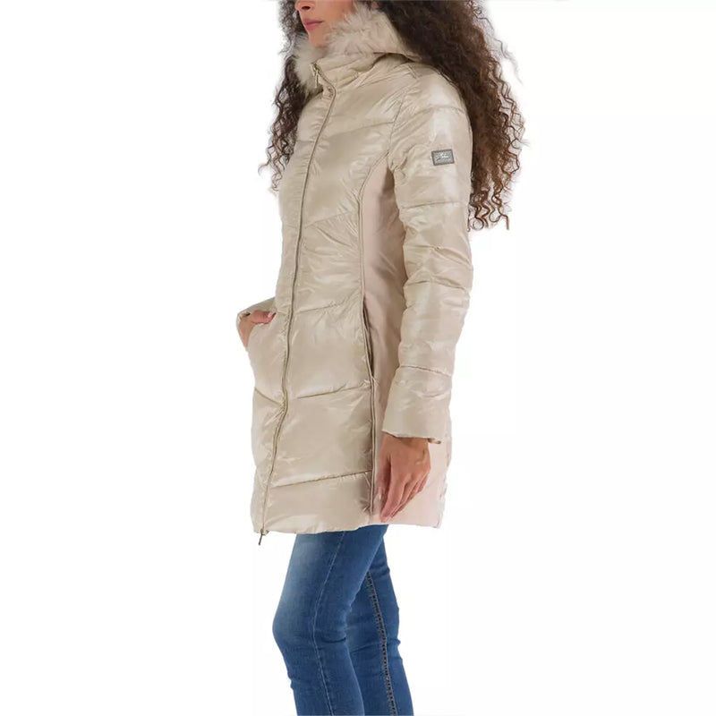 Elegant Beige Padded Jacket with Fur Hood Yes Zee