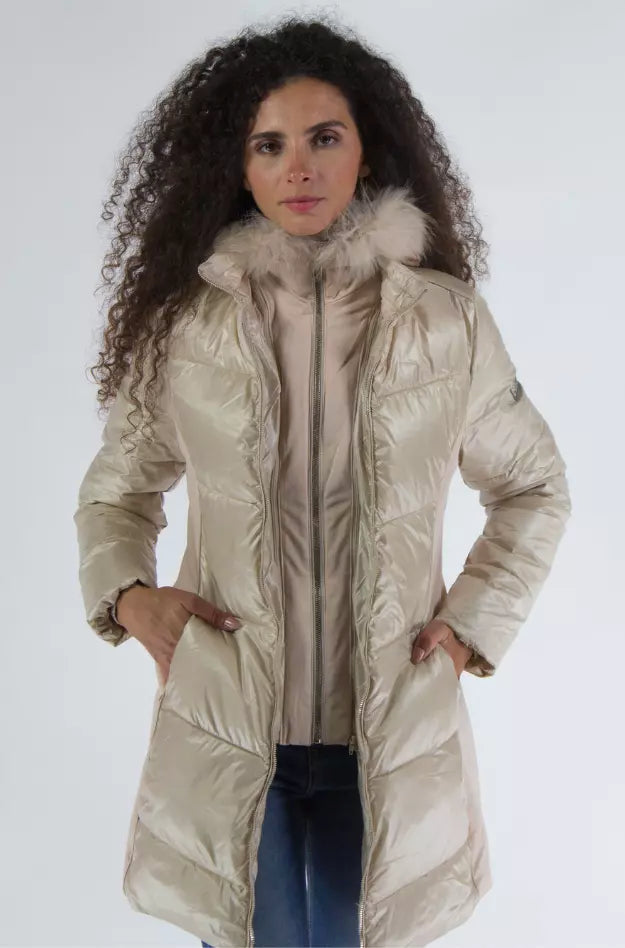 Elegant Beige Padded Jacket with Fur Hood Yes Zee