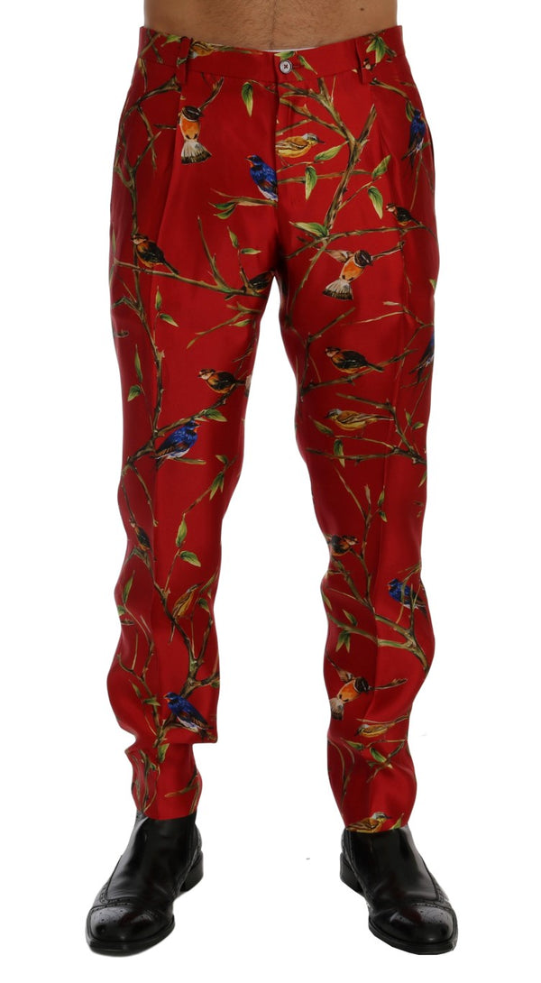 Elegant Silk Dress Trousers in Red Bird Print Dolce & Gabbana