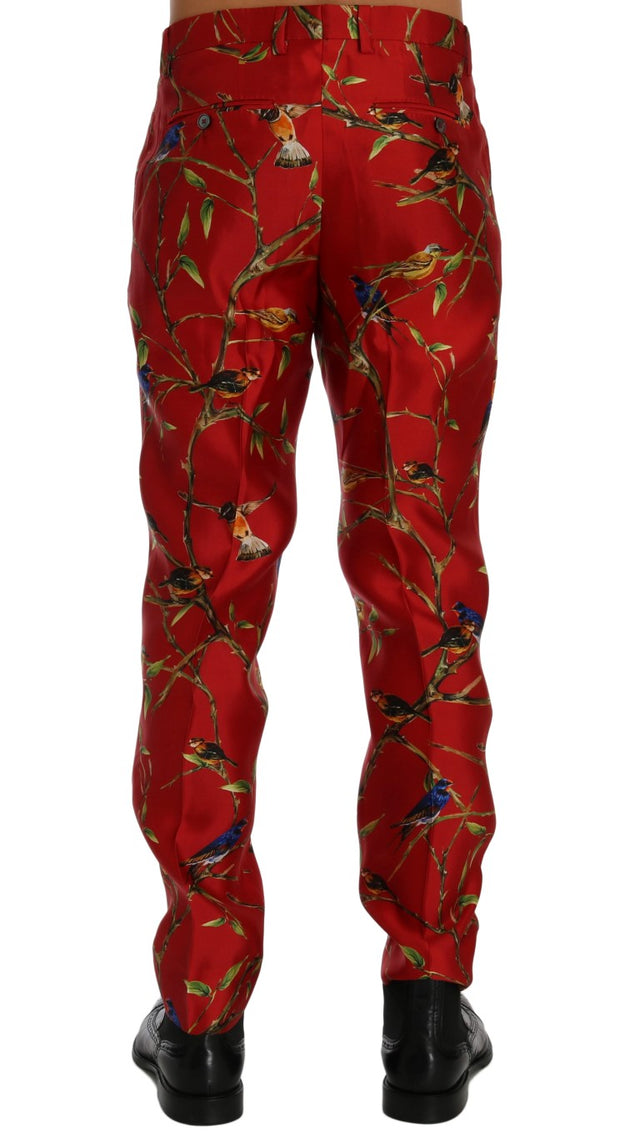 Elegant Silk Dress Trousers in Red Bird Print Dolce & Gabbana