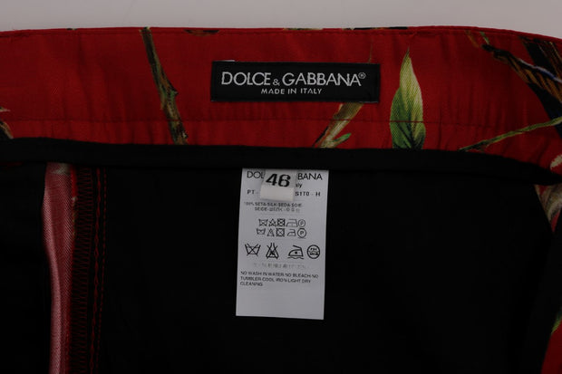 Elegant Silk Dress Trousers in Red Bird Print Dolce & Gabbana