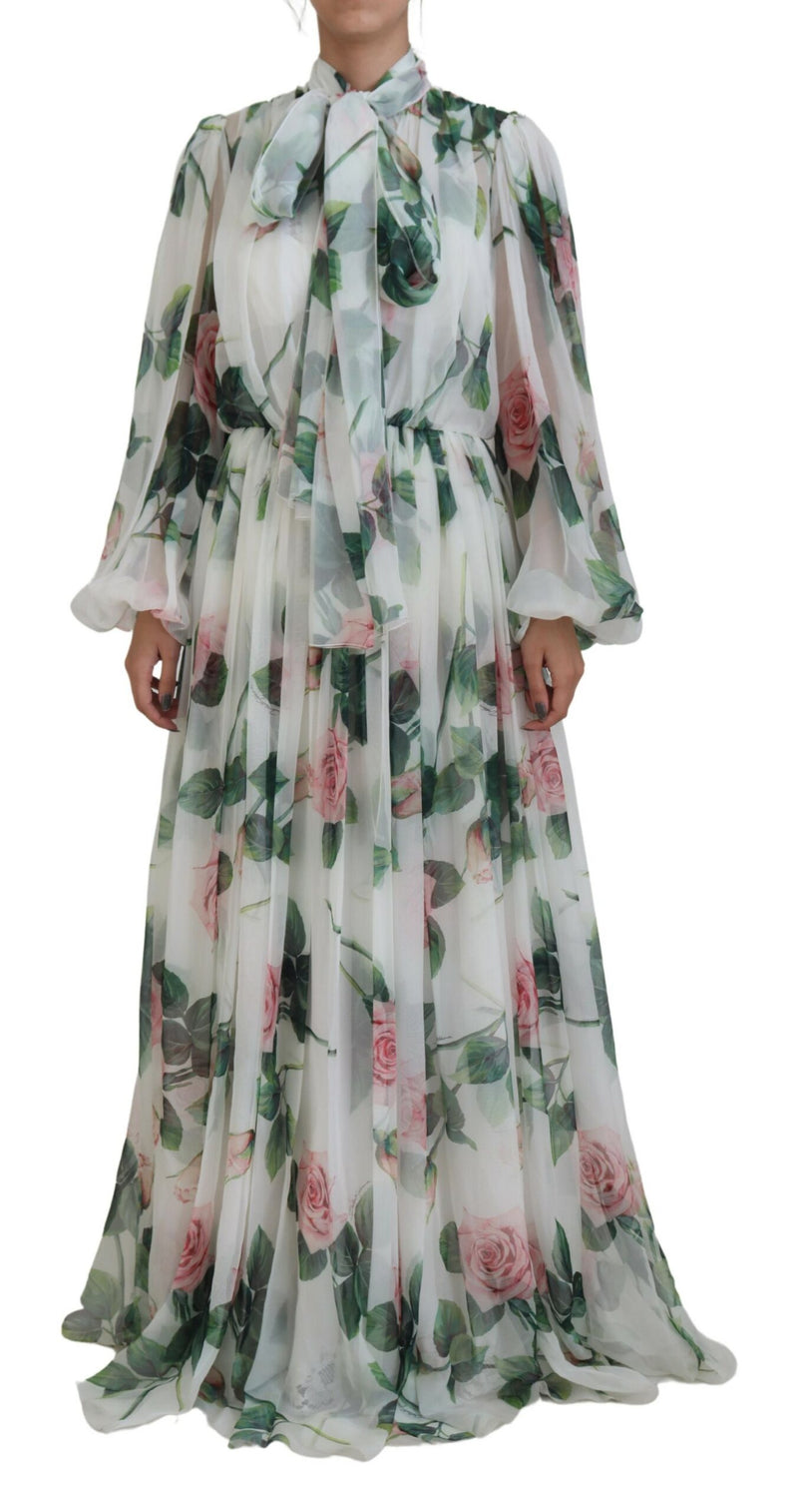 Elegant White Silk Maxi Dress with Rose Print Dolce & Gabbana