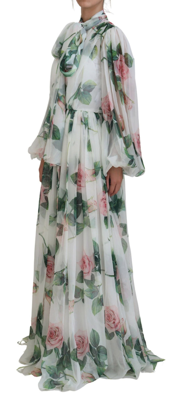 Elegant White Silk Maxi Dress with Rose Print Dolce & Gabbana