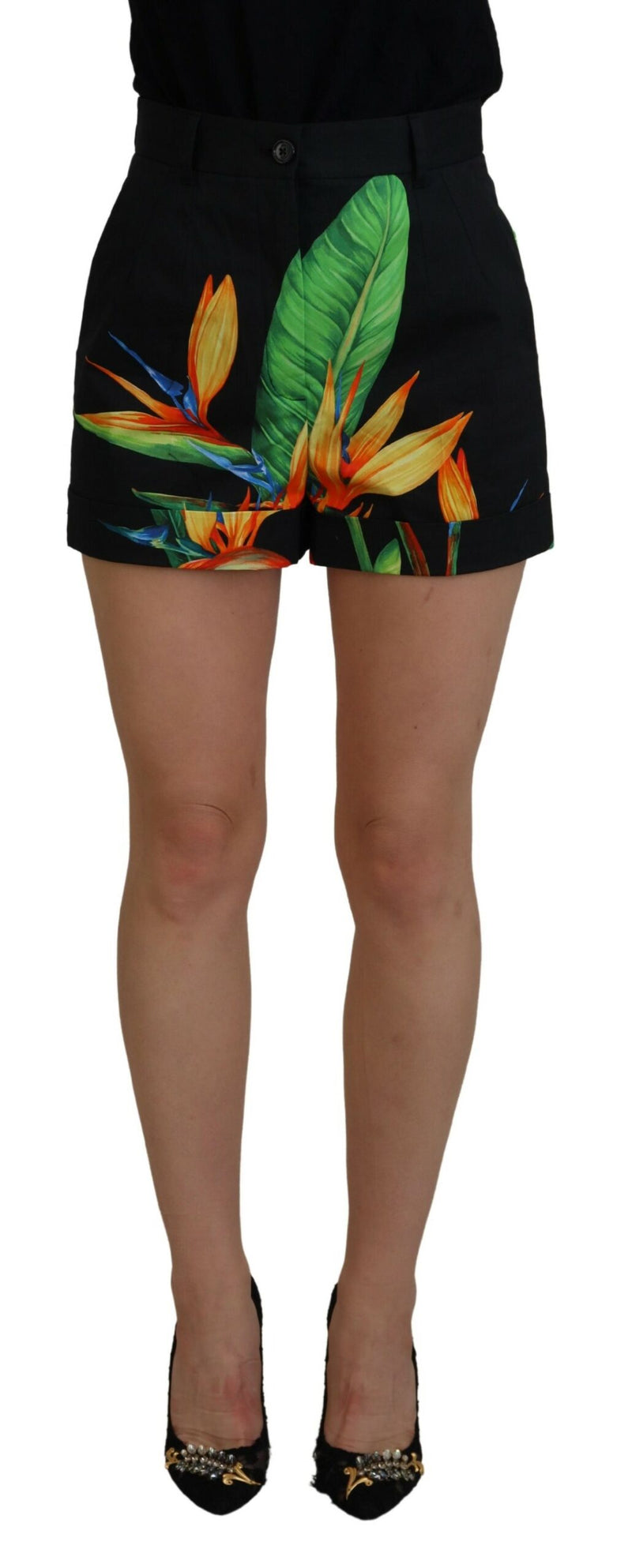 High Waist Hot Pants Shorts in Black Leaves Print Dolce & Gabbana