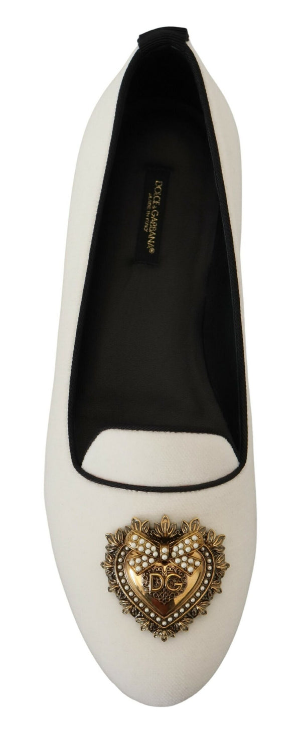 Elegant White Velvet Loafers with Gold Heart Detail Dolce & Gabbana