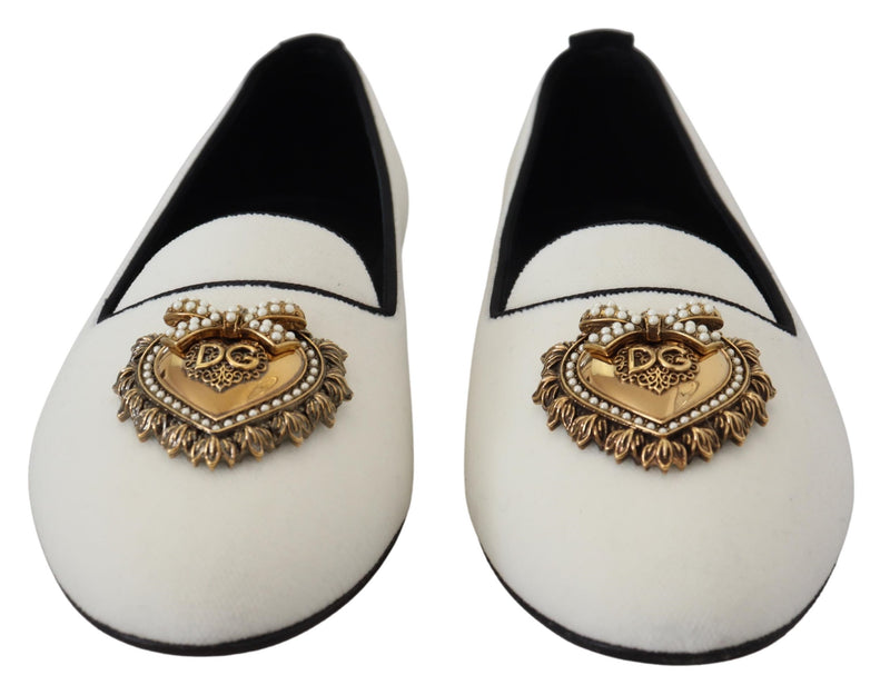 Elegant White Velvet Loafers with Gold Heart Detail Dolce & Gabbana