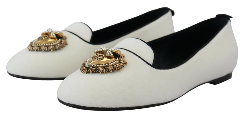 Elegant White Velvet Loafers with Gold Heart Detail Dolce & Gabbana