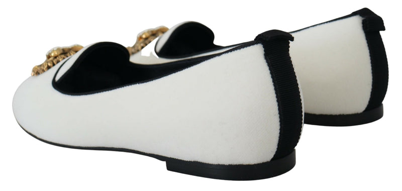 Elegant White Velvet Loafers with Gold Heart Detail Dolce & Gabbana