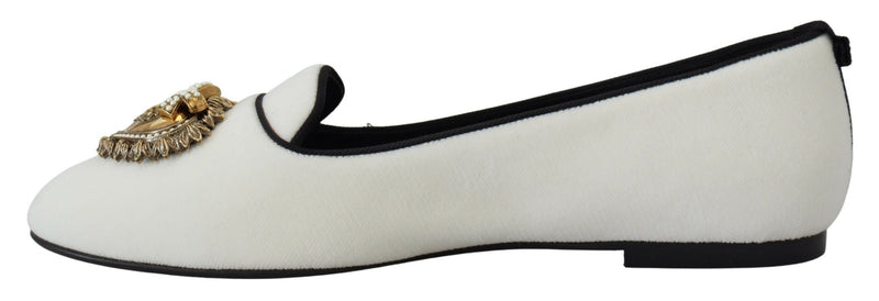 Elegant White Velvet Loafers with Gold Heart Detail Dolce & Gabbana