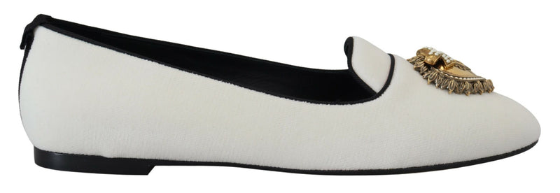 Elegant White Velvet Loafers with Gold Heart Detail Dolce & Gabbana