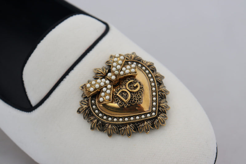 Elegant White Velvet Loafers with Gold Heart Detail Dolce & Gabbana