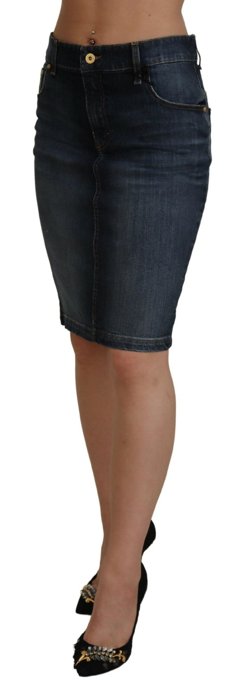 Chic Mid Waist Dark Blue Denim Skirt Fiorucci