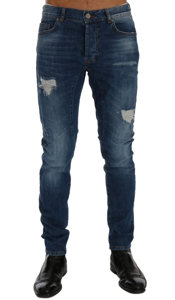 Chic Slim Fit Blue Distressed Jeans Frankie Morello