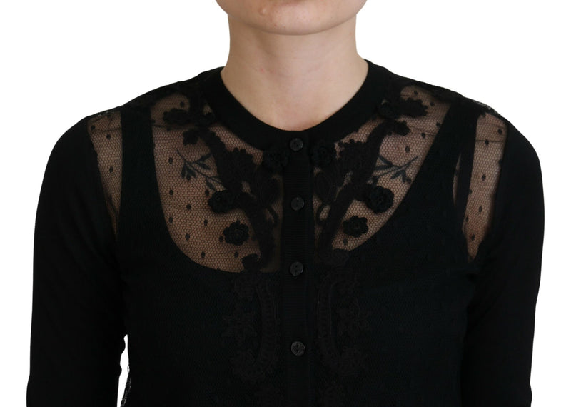 Elegant Black Floral Lace Cardigan Sweater Dolce & Gabbana