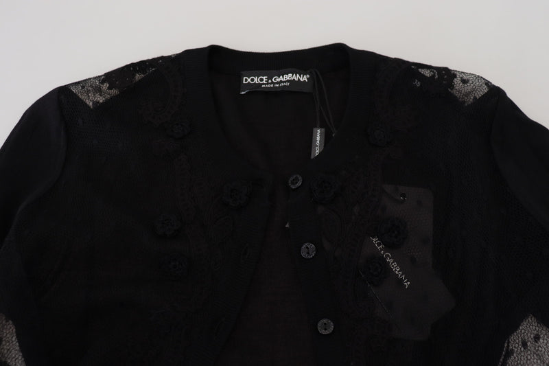 Elegant Black Floral Lace Cardigan Sweater Dolce & Gabbana