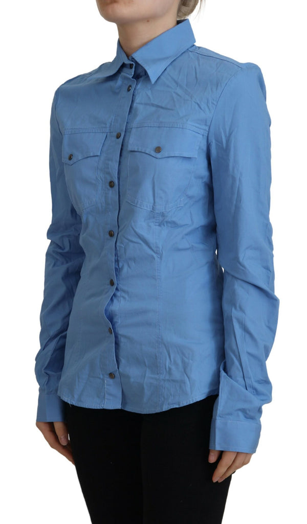 Elegant Blue Cotton Long Sleeve Polo Top Ferre