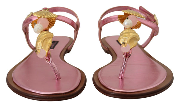 Chic Pink Leather Sandals with Exquisite Embellishment Dolce & Gabbana