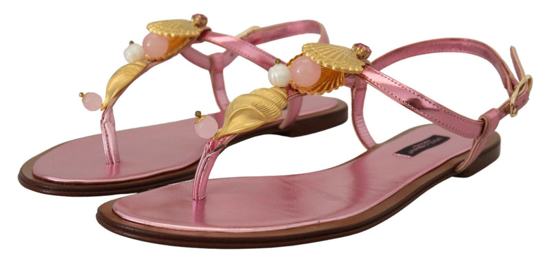 Chic Pink Leather Sandals with Exquisite Embellishment Dolce & Gabbana