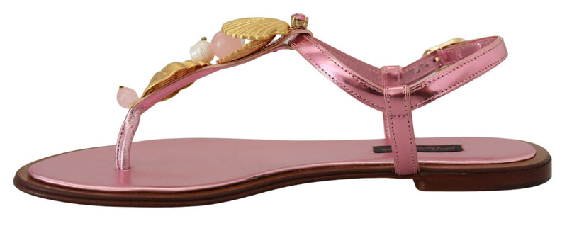 Chic Pink Leather Sandals with Exquisite Embellishment Dolce & Gabbana