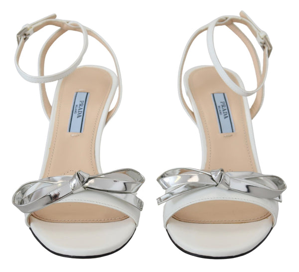 Elegant Silver-White Leather Strap Heels Prada