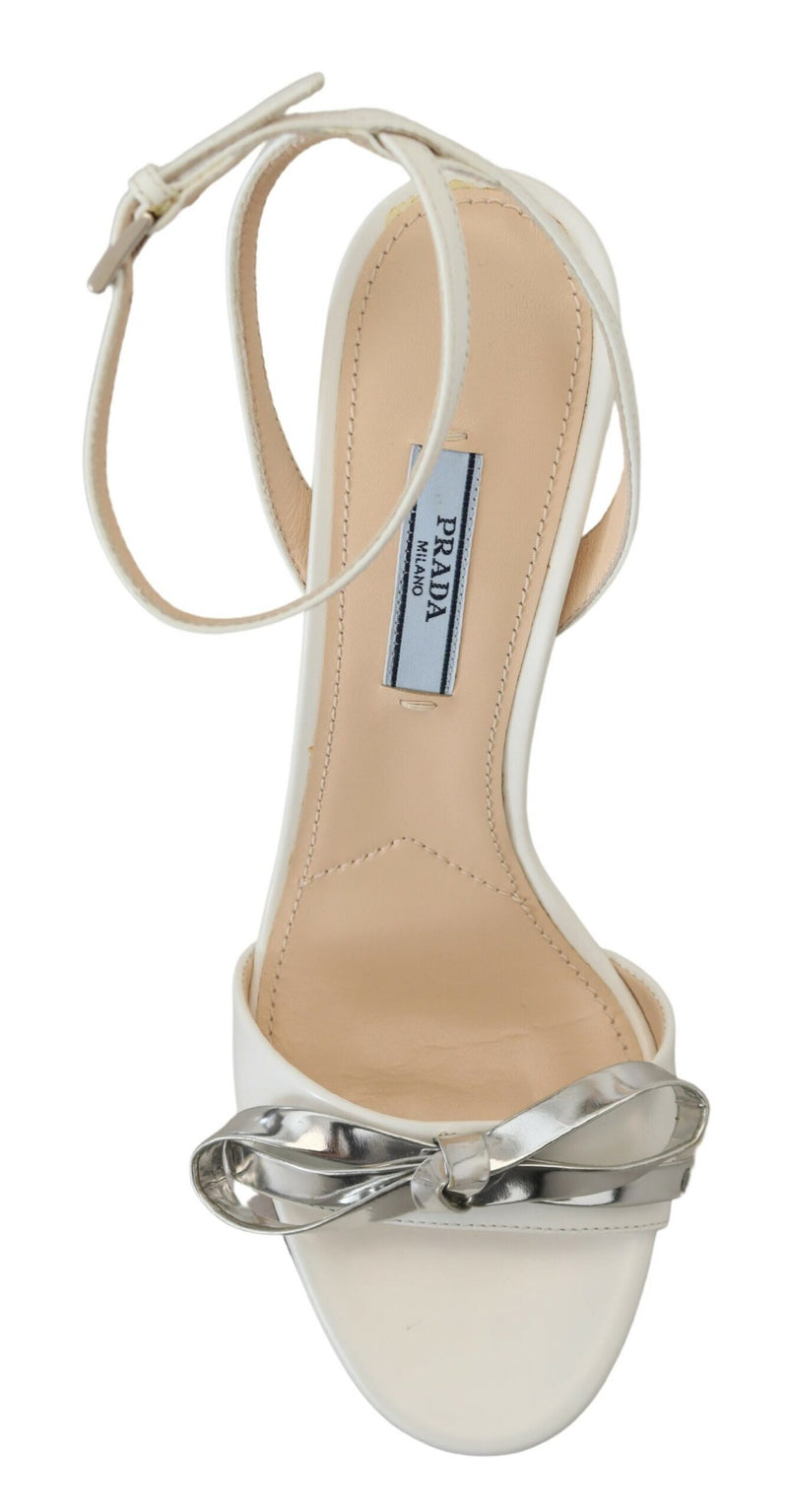 Elegant Silver-White Leather Strap Heels Prada